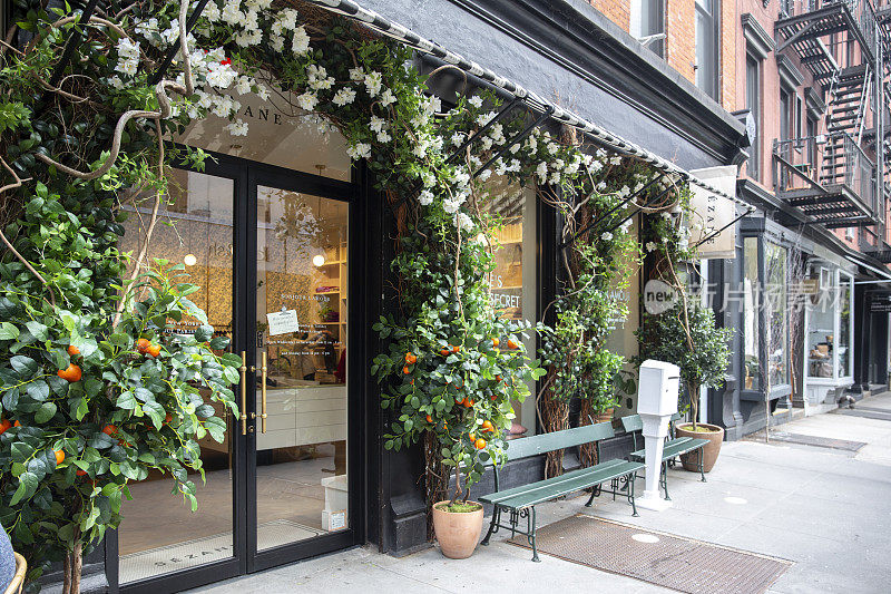 纽约市——2021年4月18日:植物、鲜花和橙子生长在商店入口处。复古外观的商店与长椅在前面
