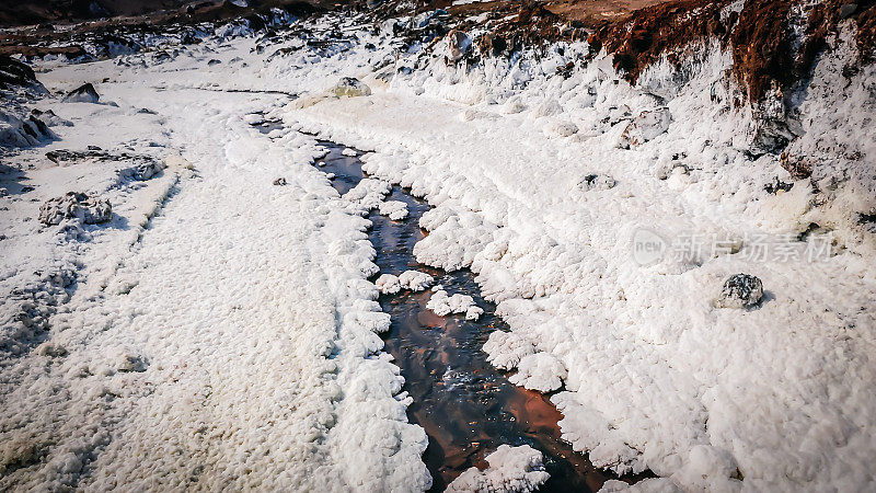 雪开始覆盖了河水，两边都是铜色的泥土。