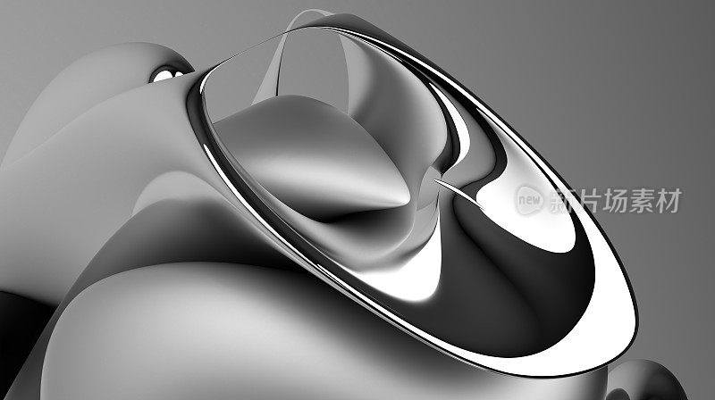 3d渲染的黑白单色抽象艺术3d背景与部分超现实现代雕塑曲线波浪式优雅的球形线条形成在光滑的银色金属材料与哑光铝部分在灰色的背面