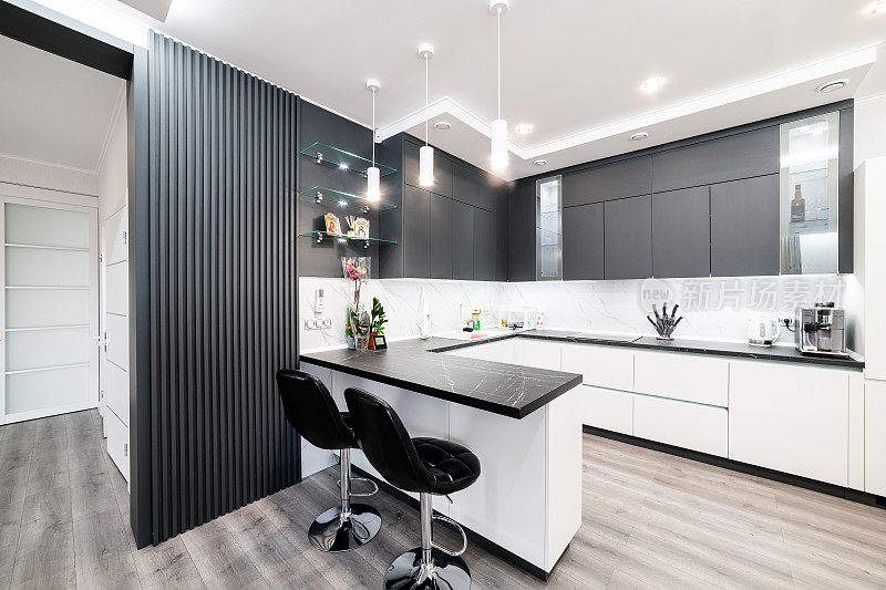 大型现代工作室厨房，配有高脚椅和家具