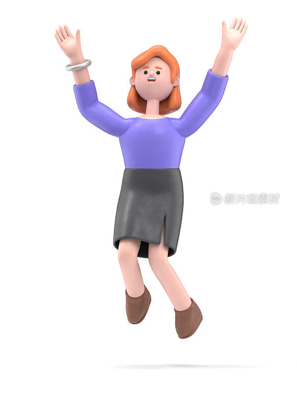 3D插图微笑的女商人艾伦跳起来庆祝成功。卡通获胜商人双手高举，白色背景上的3D渲染。
