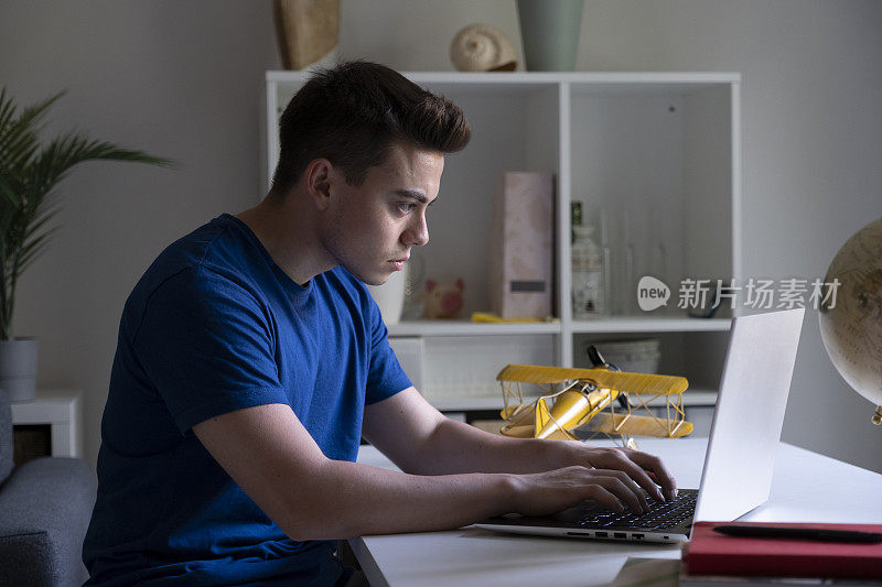 英俊的年轻人用笔记本电脑在线聊天