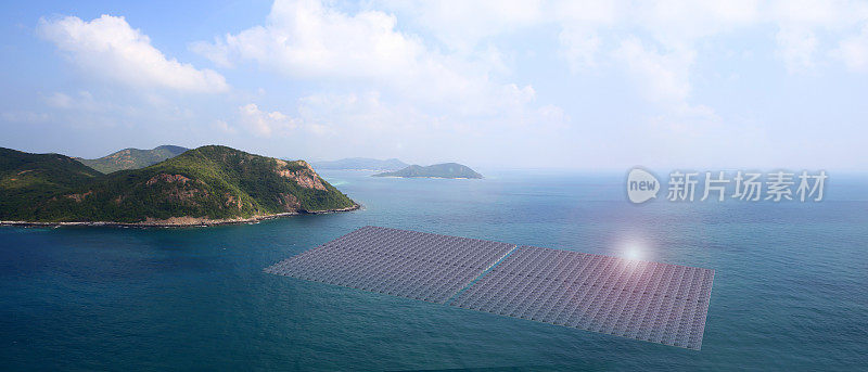 太阳能光伏电站在大坝浮动太阳能电池板筏鸟瞰图太阳能电池水上3d渲染
