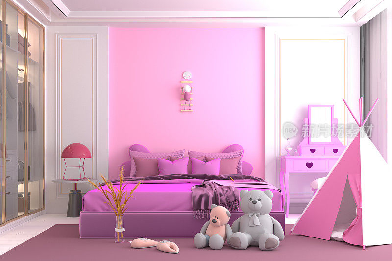 孩子的房间。心形粉色床，大衣柜和玩具