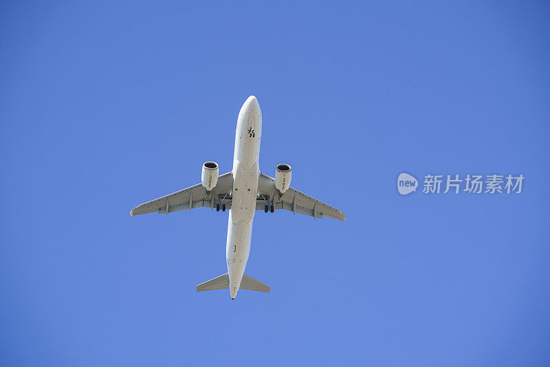 客机在蓝天上飞行，低角度观景