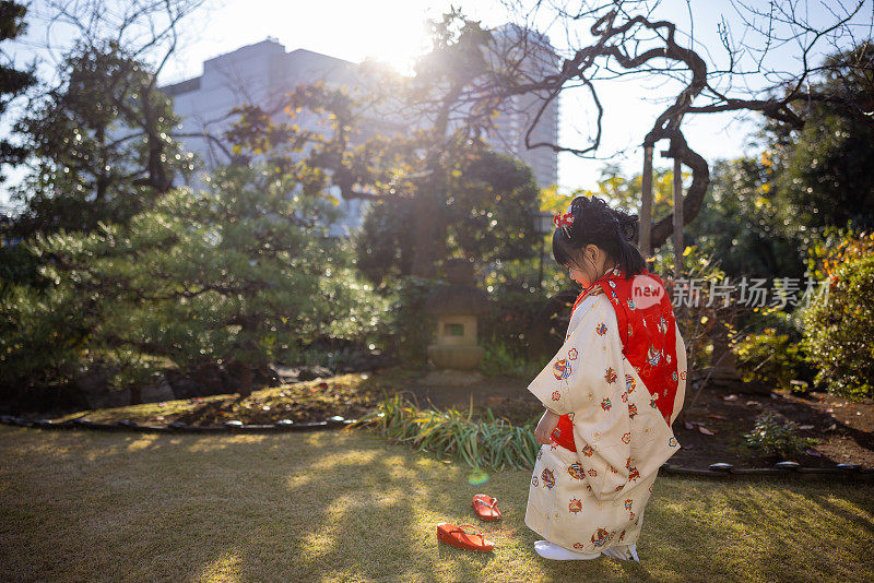 小女孩穿着和服为七山在日本花园玩耍