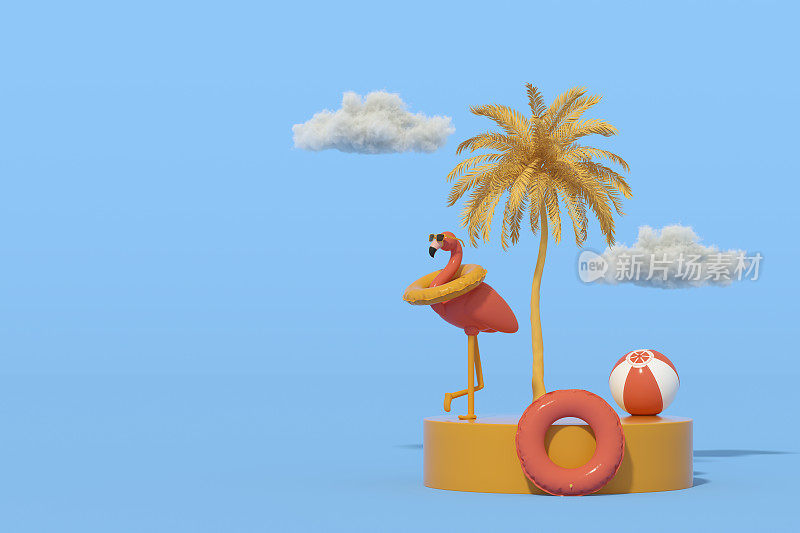 充气火烈鸟太阳镜和游泳环在岛上最小的夏季旅游假期背景