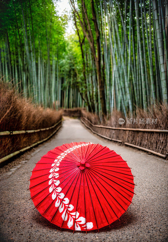 岚山竹林里的红色竹伞。《京都议定书》。日本