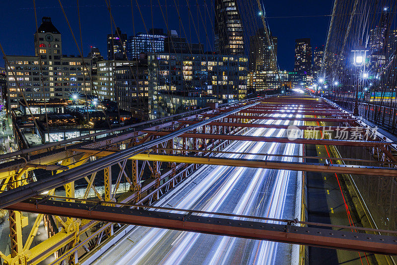 空无一人的布鲁克林大桥，从上面看布鲁克林的夜景。模糊的运动效果。