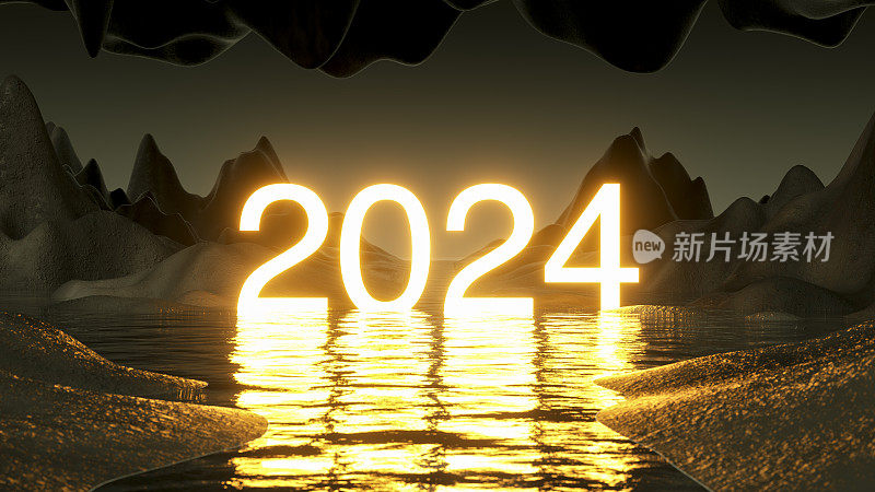 2024霓虹灯文本在未来的景观黑暗的海洋