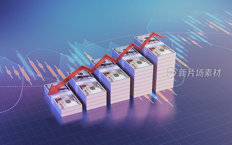 金融图背景上的100美元钞票和红色箭头标志堆叠
