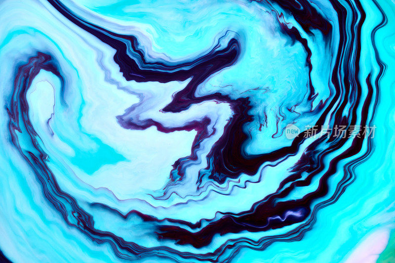 抽象的油漆颜色背景。系外行星宇宙海洋图案，油漆污渍。大理石花纹的效果。背景与抽象旋转油漆效果。液体丙烯图片与流动和飞溅。混合