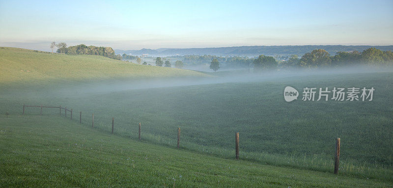 清晨大雾消散前的阿巴拉契亚山麓农田