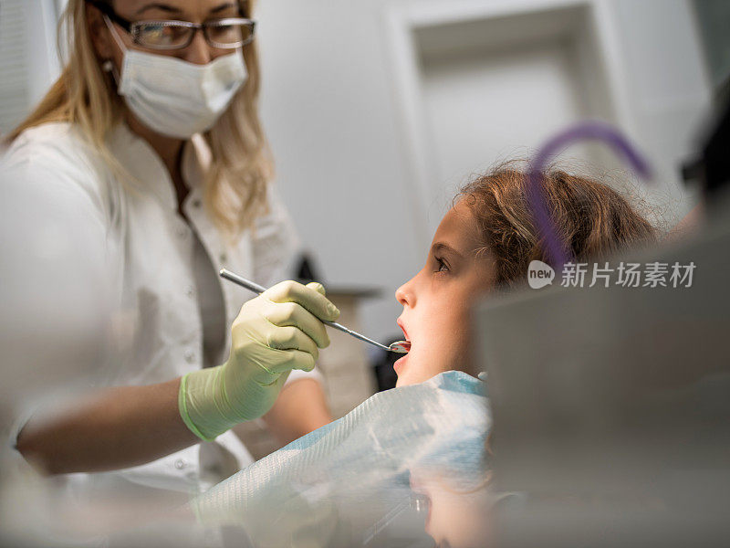 小女孩正在牙科诊所做牙科检查。