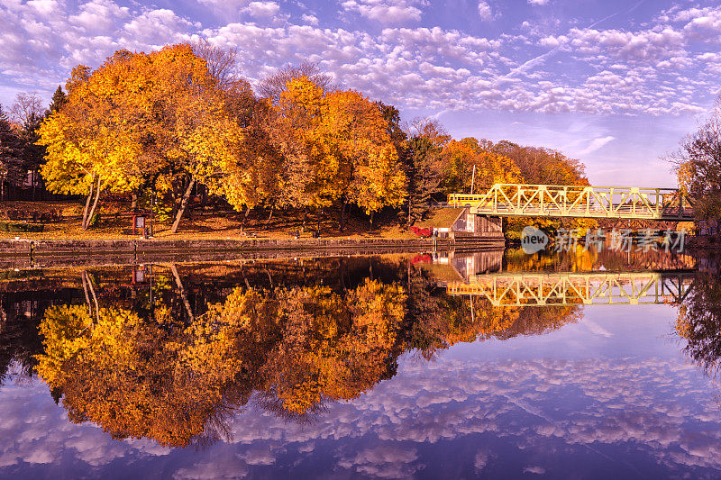 灿烂的秋天早晨伊利运河树叶的颜色和反射