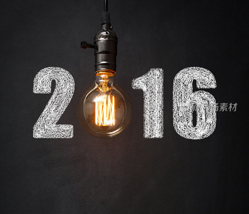 黑板上有灯泡的2016新年