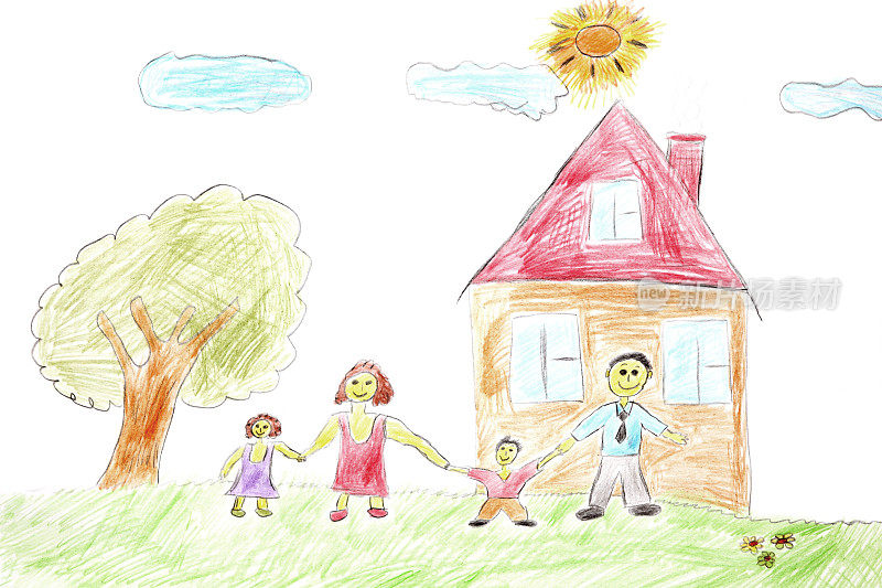 一个有树和房子的幸福家庭的插图