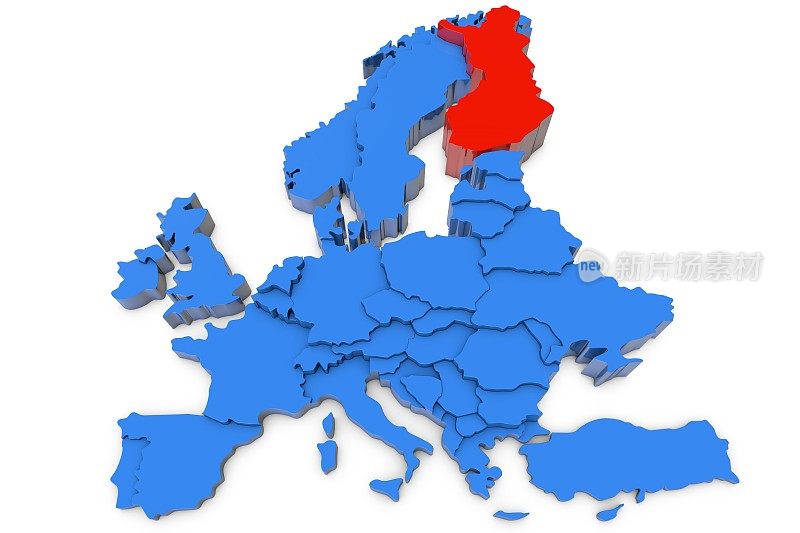 欧洲地图，红色的芬兰