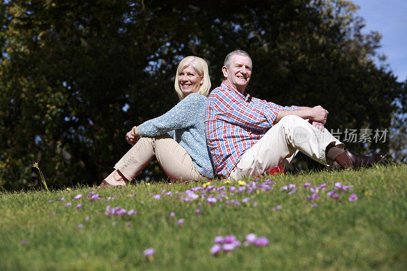 快乐的老年夫妇坐在草地上晒太阳