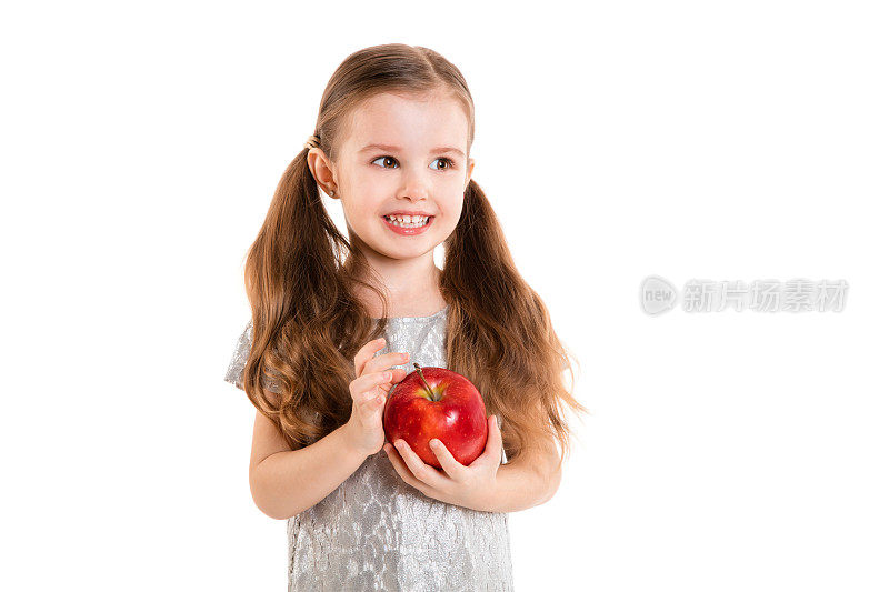 苹果小女孩(白色背景上孤立，孤立)