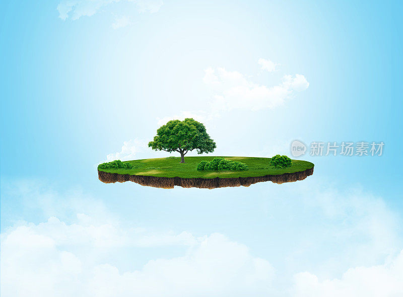 土壤切片的3d插图，绿色草地与树木隔离在光背景