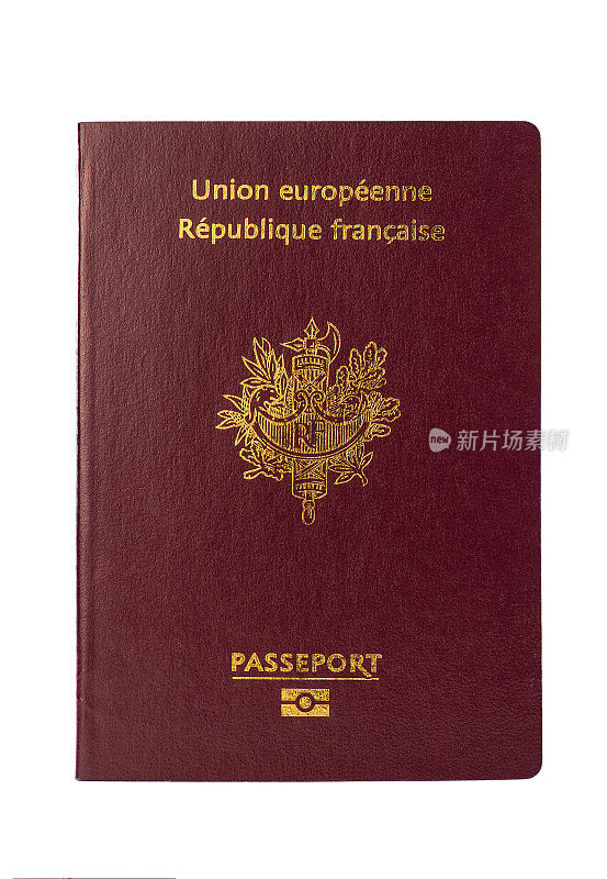 法国欧洲护照和白色背景的飞机