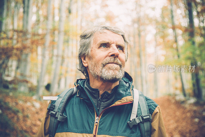 在秋天的山毛榉森林里的一个资深男人的肖像，欧洲