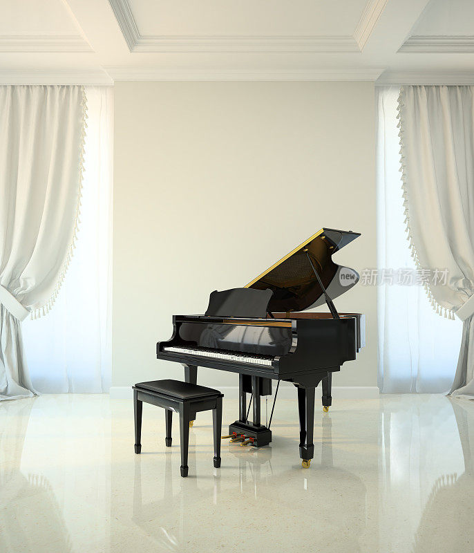 房间古典风格，配有黑色钢琴