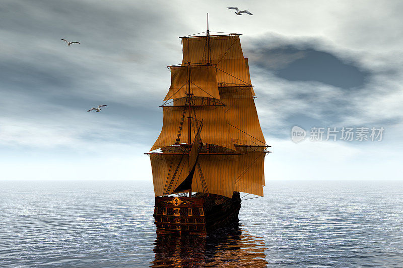 海盗船在公海的3d渲染