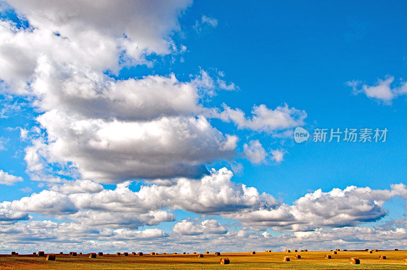 稻草捆在田野上，天空充满了戏剧性