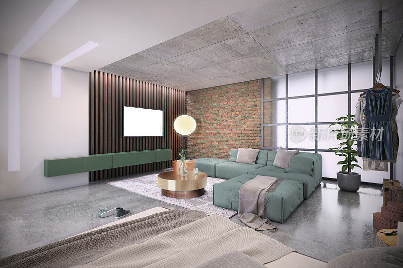 现代化的客厅，墙上挂着大电视