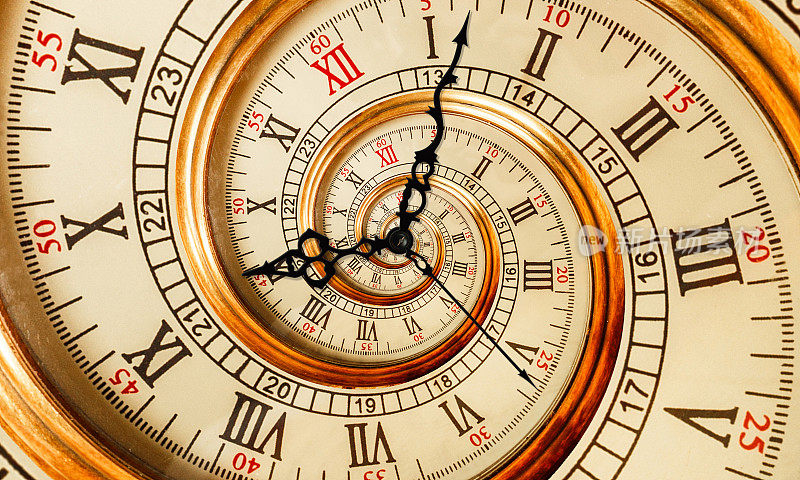 金黄色的古色古香的螺旋形古钟以机械分形为背景。时间螺旋概念图像海报