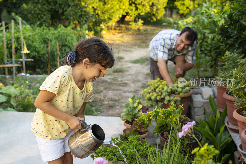 一个阳光明媚的夏日，可爱的小女孩和她的爸爸在花园里给植物浇水