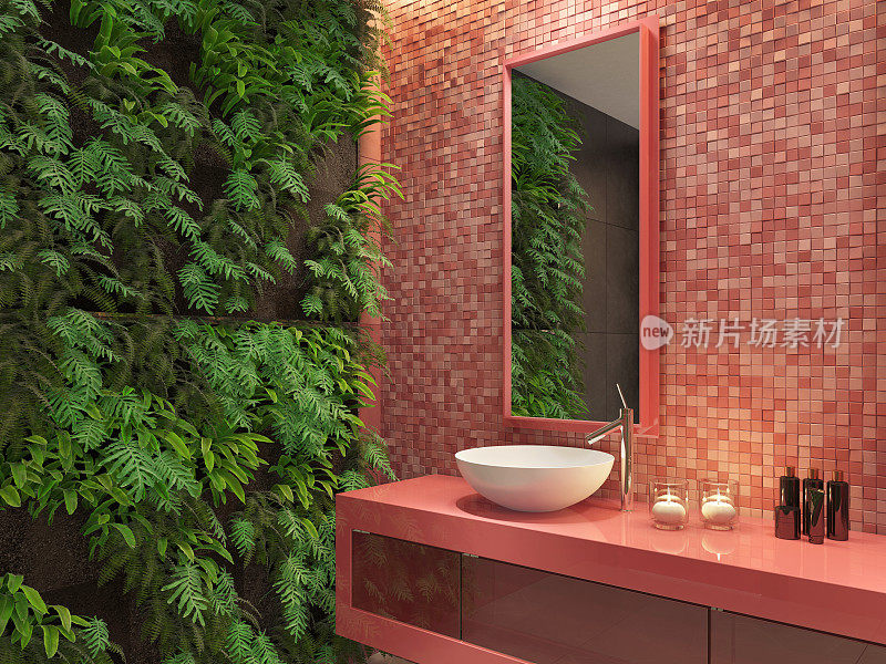 现代极简主义红色马赛克浴室与绿色墙花园