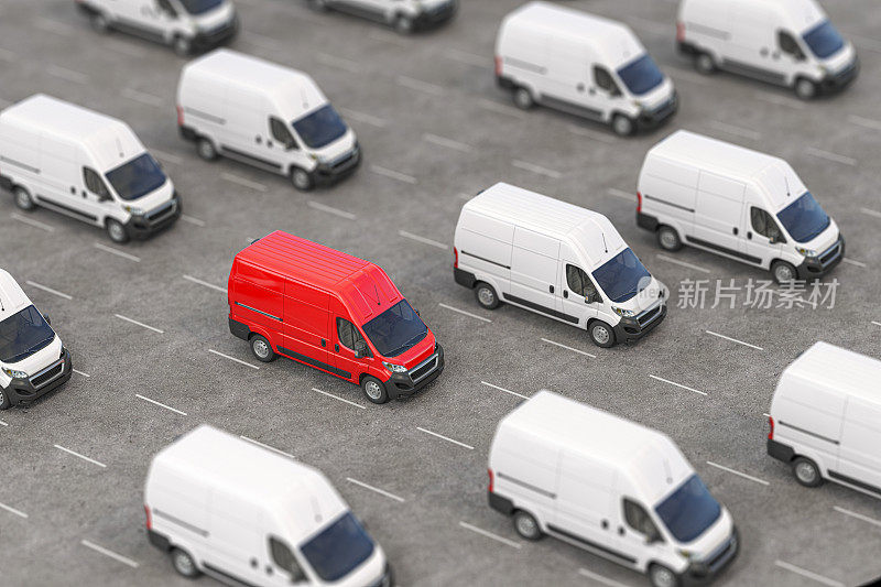红色货车和一排白色货车。最好的快递和送货服务理念。