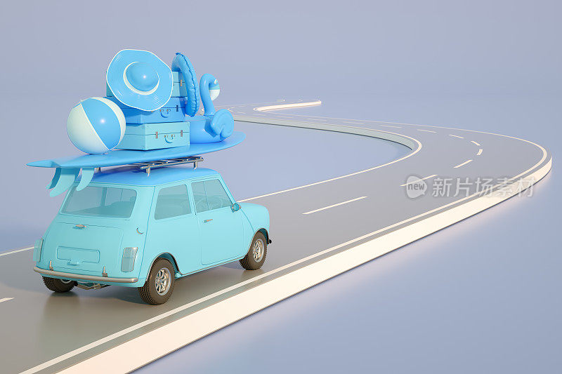 暑假之路与蓝色背景的汽车旅行概念