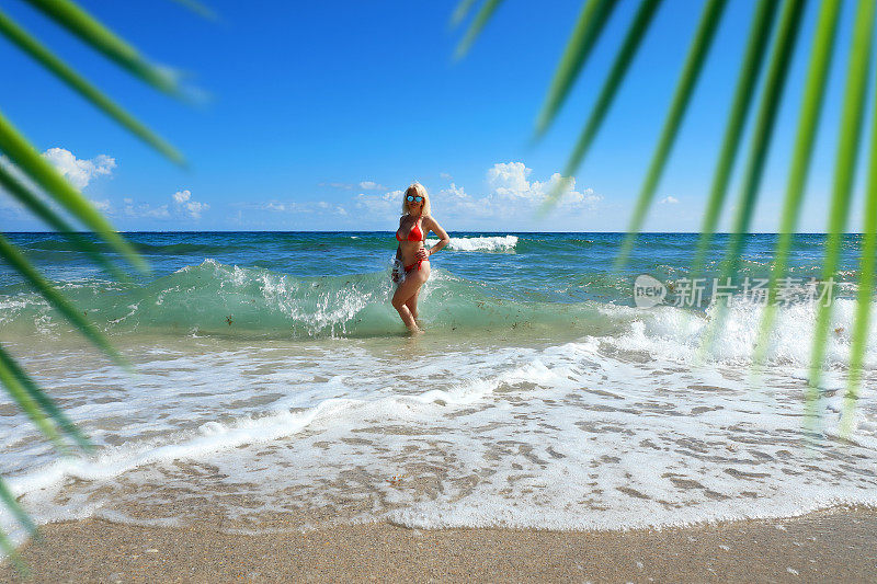 美丽的金发女人在比基尼享受新鲜的热带海滩假日