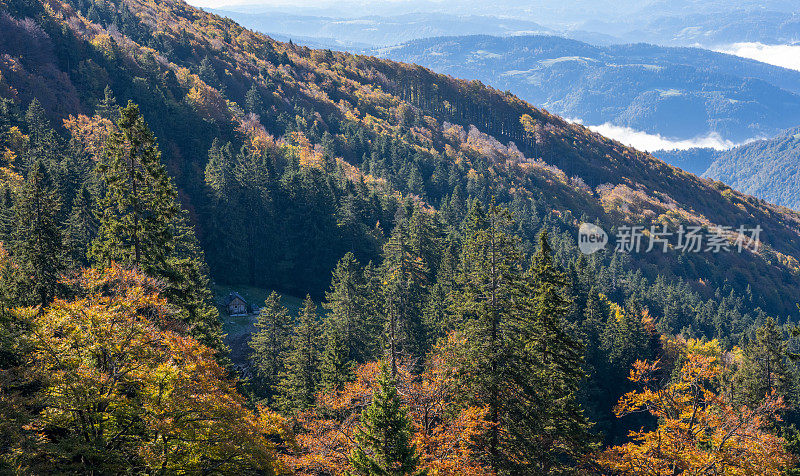 从阿尔卑斯山的布雷格斯山顶看秋天多云的天空，斯洛文尼亚