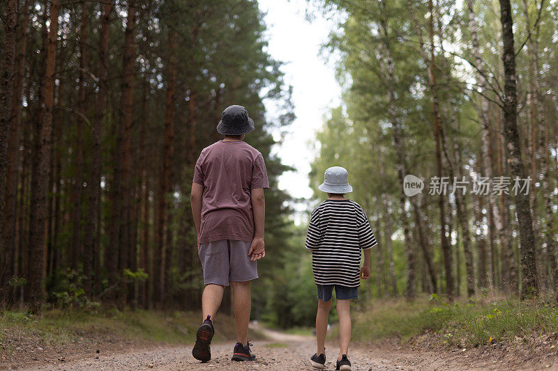 小男孩们在森林里散步