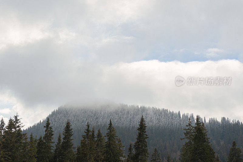 罗多比山的山顶在雾中达到顶峰