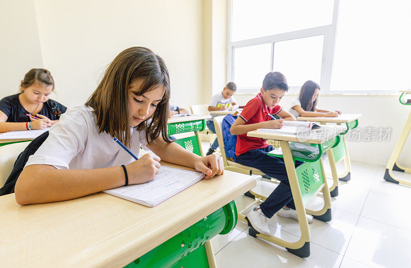 小学生们聚精会神地坐在课桌前上课，在教室里写字