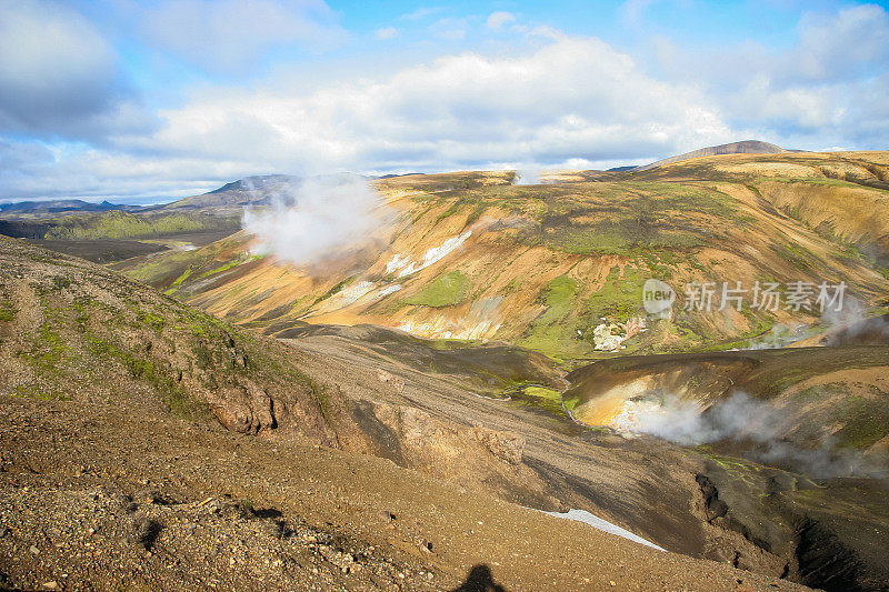 冰岛Laugevegur步道起点的Landmannalaugar周围起伏的、色彩斑斓的山脉