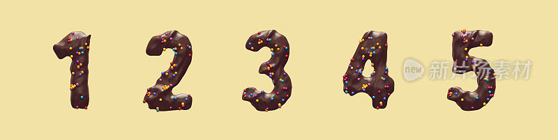 一组由巧克力糖果制成的数字，3d渲染，数字，1,2,3,4,5