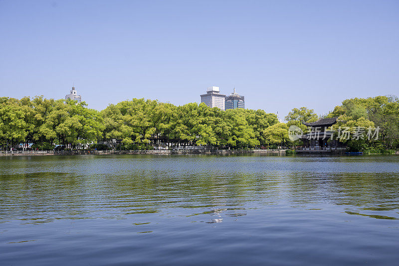 春天湖边的现代城市绿地公园