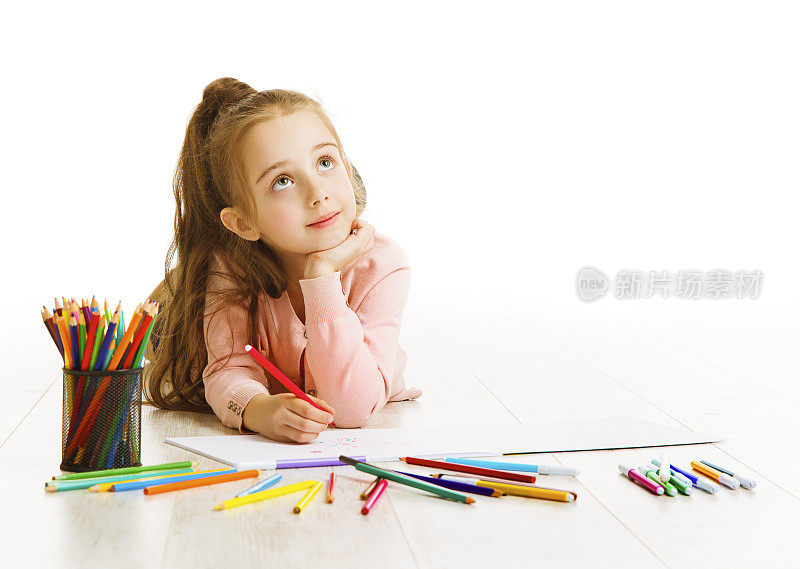 儿童教育理念，儿童女孩绘画梦想学校，白色