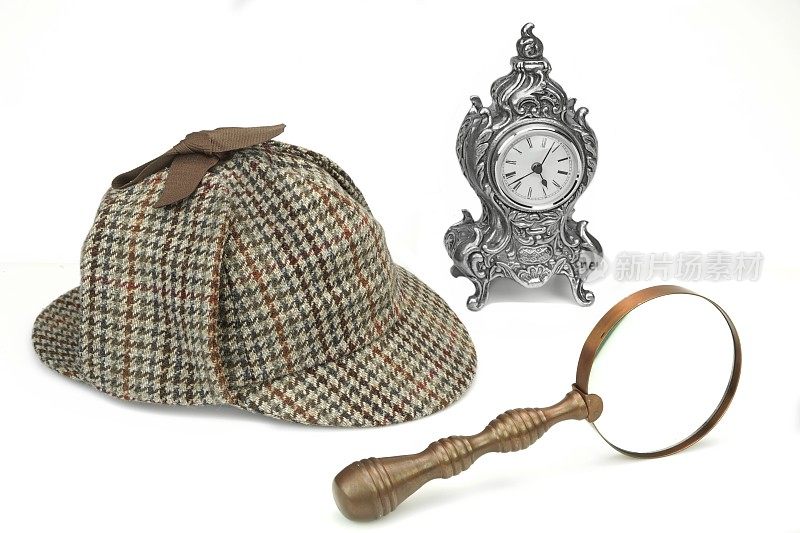 侦探猎鹿帽，古董放大镜和古董钟