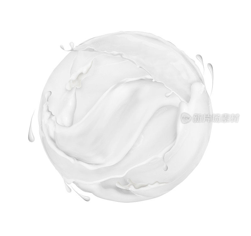 白色背景上溅上牛奶或奶油制成的圆形球体