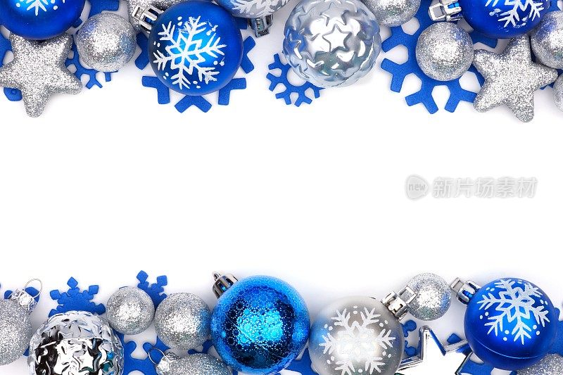蓝色和银色圣诞装饰双边框在白色