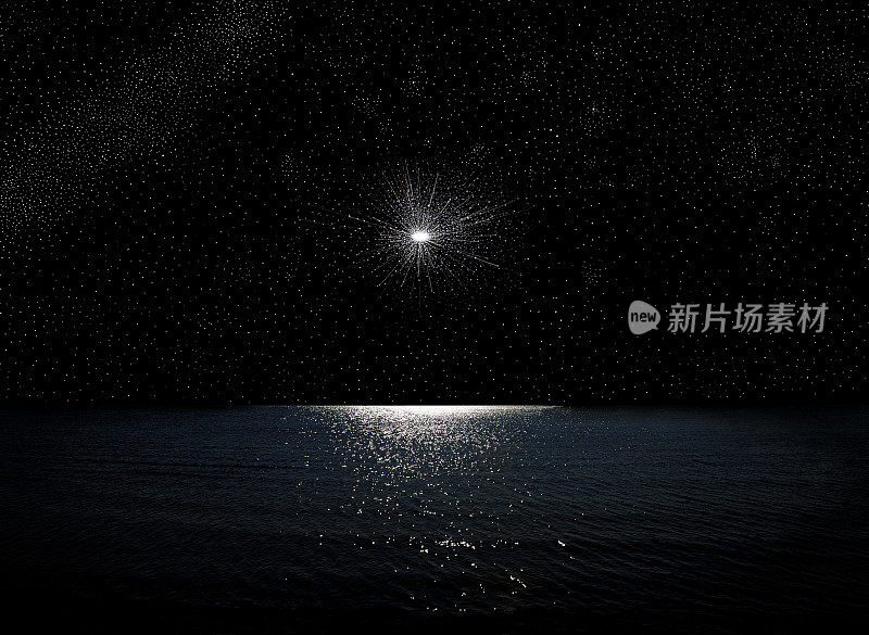 “大爆炸”的爆炸伴随着夜空，闪亮的海洋和无数的星星