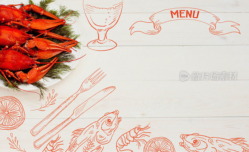 海鲜菜单设计，中心传播。手绘插图，柠檬，虾，刀叉，鱼干，一杯啤酒。